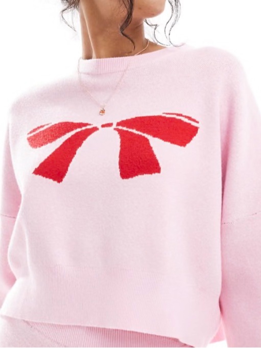Cotton On Body Pink Crewneck Sweater with Red Bow Graphic